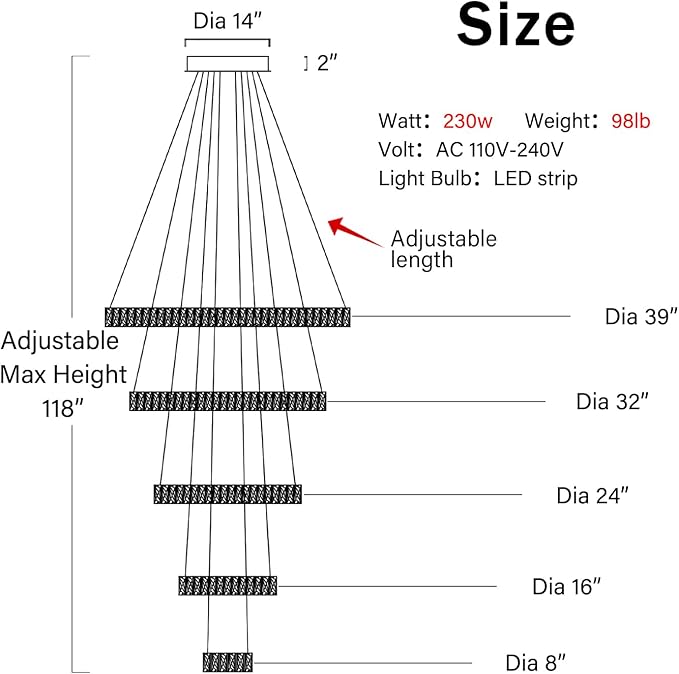 Large Modern Chandelier 5 Ring Chandeliers for High Ceiling Dimmable Chrom Chandeliers High Ceiling Foyer Chandelier for Living Room Dining Room Staircase