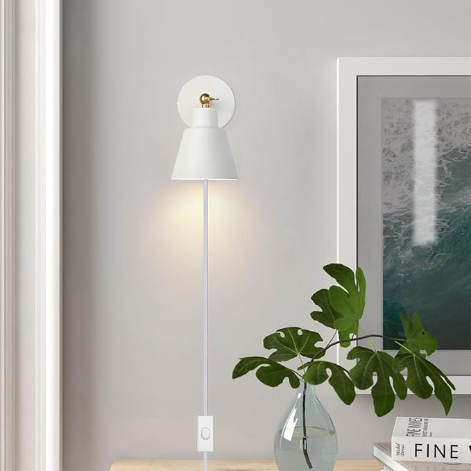 ClanKin Wall Sconces Lighting Fixture, Bedside Wall lamp for Industrial Bedroom, Bathroom Sink Lighting for Bedroom Hallway Living Room(1Pack-White with Plug in Swtich Cord)
