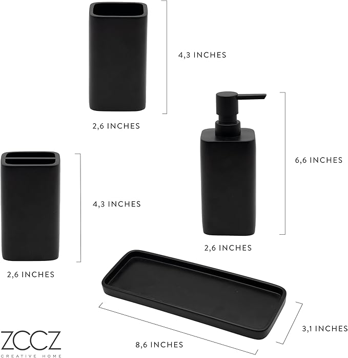 ZCCZ Matte Black Bathroom Accessory Sets, 4 Pieces Bathroom Accessories Complete Set Vanity Countertop Accessory Set, Includes Lotion Dispenser Soap Pump, Tumbler, Toothbrush Holder and Tray