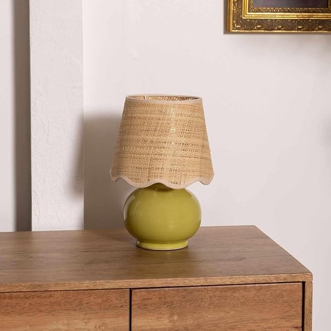 BoutiqueRugs Navarro Boho Ceramic Bedside Table Lamp for Bedroom Nightstand and Living Room - Shade Rattan - Green, Sage, Beige - 13" H