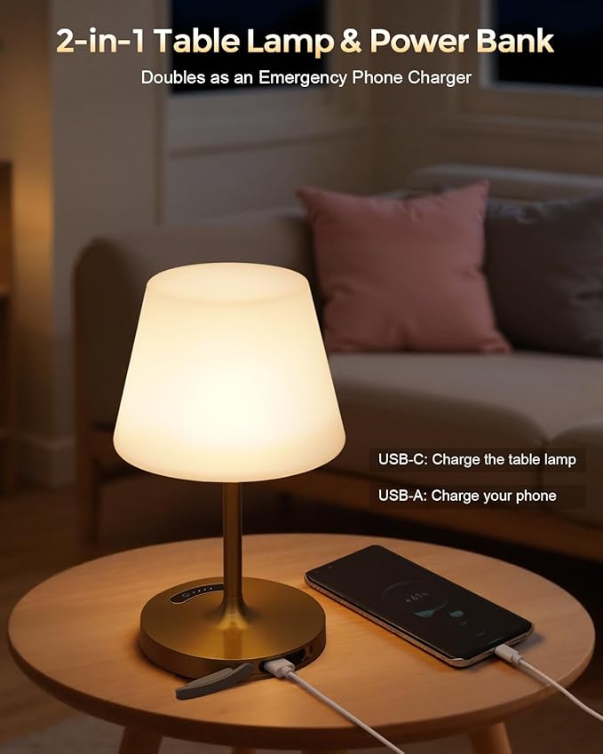 Outdoor Battery Operated Table Lamp, IP54 Waterproof Shower Lamp, 4000mAh Rechargeable Cordless Lamp, 3 Color Temperatures Dimmable, Small Touch Table Lamp for Bedroom, Patio, Camping, Restaurant