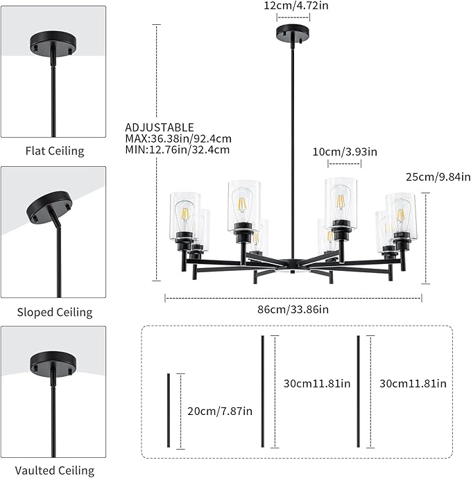 Matte Black Chandeliers for Dining Room, Farmhouse Chandeliers 8 Light Dining Room Light Fixture with Clear Glass Shades Pendant Lighting for Kitchen Island Living Room Staircase
