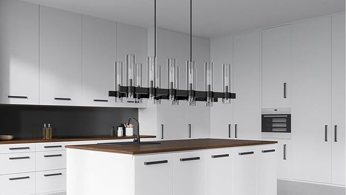 Black Linear Chandelier, 40 Inch 12-Lights Modern Kitchen Island Dining Room Over Table Light Fixture, Industrial Farmhouse Large Pendant Lighting with Glass Shade