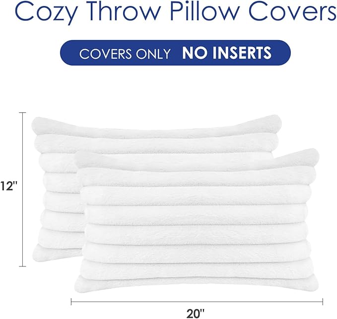 Throw Pillow Covers Decorative Faux Fur Set of 2 12x20 Inch Pillow Covers, Soft Cream White Lumbar Plush Striped Pillowcases for Couch Sofa Bed Living Room, Fluffy Cute Home Boho Accent Decor