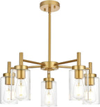 VINLUZ Retro Large Chandelier with Clear Glass Shade Metal Indoor Kitchen Island Pendant Lighting in Gold Finish Modern Light Fixture Hanging for Dining Room