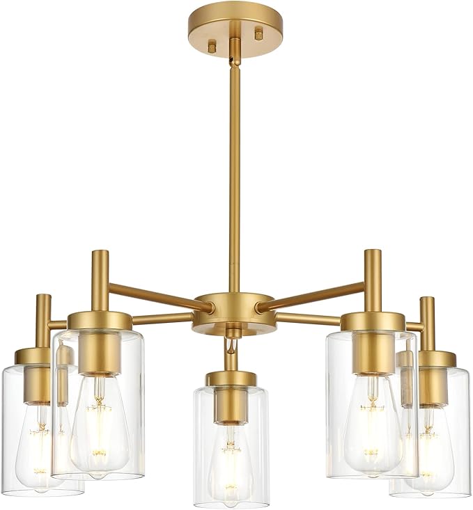 VINLUZ Retro Large Chandelier with Clear Glass Shade Metal Indoor Kitchen Island Pendant Lighting in Gold Finish Modern Light Fixture Hanging for Dining Room