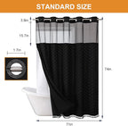 No Hook Shower Curtain Liner Set, Snap in Hookless Shower Curtain with Tassels, Ringless Chevron Tufted Fabric Boho Bathroom Curtains, Mesh Top Window Hotel Style Bath Curtains 74" L x 71" W, Black