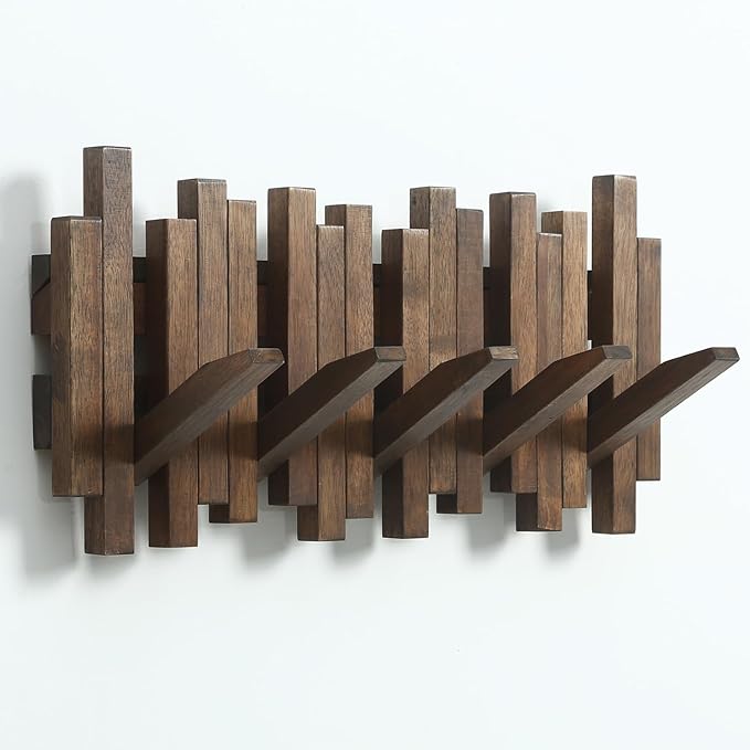 Natural Wood Wall Mounted Piano Coat Rack| Coat Rack Wall Mount| Flip Down Wall Hook Rack 5 Hooks| Entryway Coat Rack,Made of Acacia Wood (Walnut Color Dyed with Wood Wax Oil).Wall Art