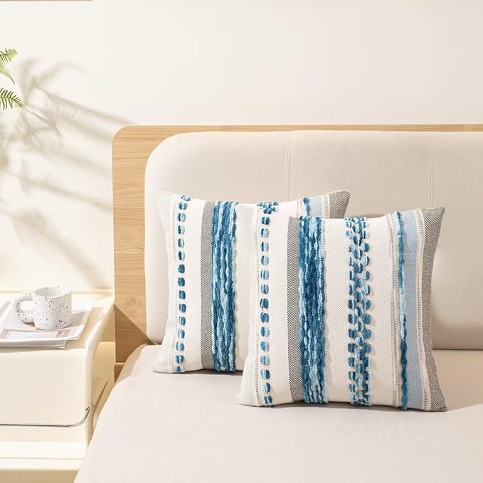 Boho Throw Pillow Covers 18x18 Set of 2 Farmhouse Decorative Cushion Case Striped Square Pillows Cover Chenille Pillow Cases Accent Neutral Pillowcase for Sofa Couch Bed,Sky Blue