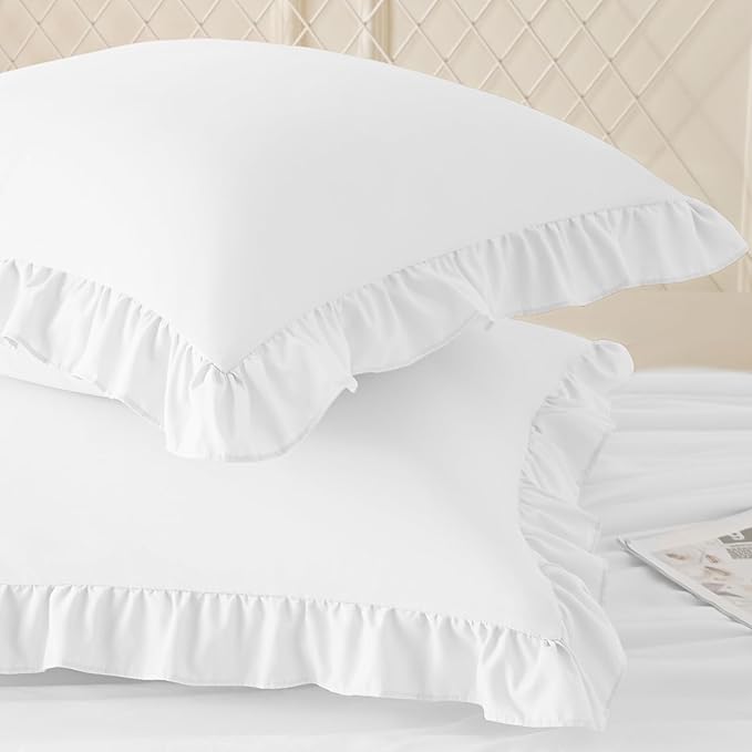 KKJIAF Ruffle Pillow Cases 18x18 Inches, White Square Ruffled Pillow Covers Set of 2, Microfiber Wrinkle Resistant Pillow Shams with Envelope Closure for Sofa Bed Living Room