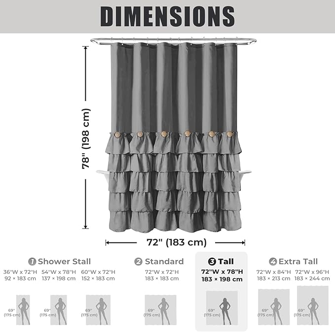 Seasonwood Grey Ruffle Button Shower Curtain Farmhouse Shower Curtain 72 X 78 inch Fabric Shower Curtains for Bathroom Bathtubs Decor