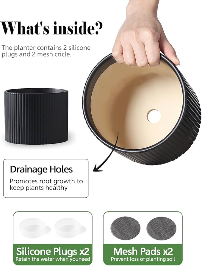 Ceramic Plant Pots, 8.1 + 6 Inch Planters for Indoor Plants, Modern Flower Pots for Plants with Drainage, Medium Cylinder Flower Pots for Indoor Plants, House Plants, Matte Black