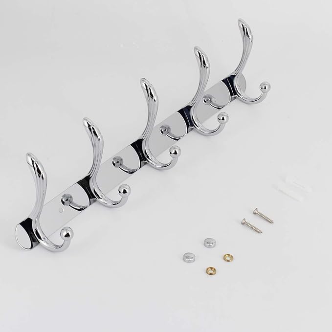 Wall Mounted Coat Rack - 5 Tri Hooks, Heavy Duty, Metal Coat Hook Rail for Coat Hat Towel Purse Robes Mudroom Bathroom Entryway (Chrome)