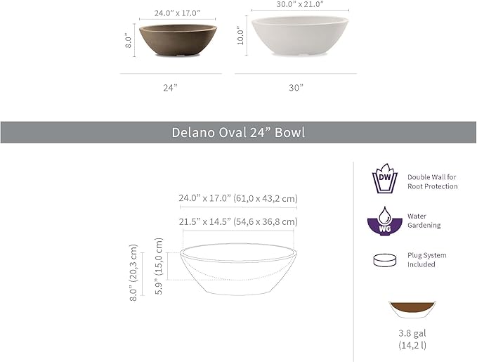 Crescent Garden Delano Oval Planter Bowl, Succulent Garden, Unique Indoor/Outdoor Double-Walled Plant Bowl with Plug- Oval Shape - 24" L x 17" W x 8" H (Caviar Black)