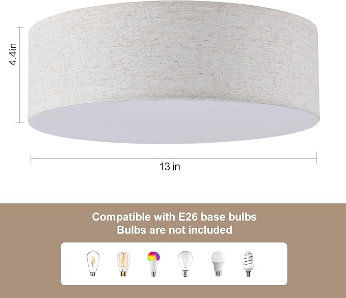 3-Light Ceiling Light Fixture, 13" Drum Flush Mount Ceiling Light, Modern Close to Ceiling Lights with Fabric Linen Shade Farmhouse Flush Mount Light for Bedroom Hallway Kitchen Dining Living Room