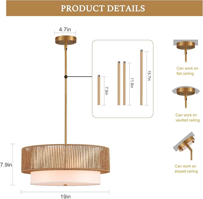 19" Bamboo Rattan Chandelier Hand-Woven Hanging Light Fixture Golden Drum Chandelier with Fabric Shade Vintage Farmhouse Bamboo Wicker Light Fixtures for Dining Room, Kitchen, Living Room