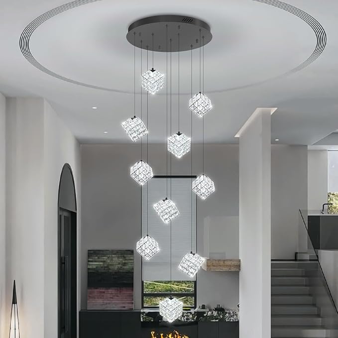10-Lights LED Staircase Chandelier Modern Foyer Chandeliers Large Chandelier for High Ceilings,Crystal Pendant Light for Living Room Stairwell Dining Room Entryway
