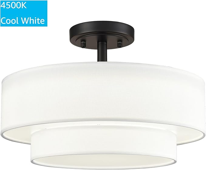 DAYCENT Black Drum Semi Flush Mount Ceiling Light Modern Farmhouse Dimmable LED Light Fixture Ceiling 30W 3000K/4500K/5500K Drum Shade Ceiling Light for Bedroom Hallway