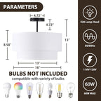 3-Light Semi Flush Mount Ceiling Light Fixture, 16 inch Drum Light Fixture with 2-Layer White Drum Fabric Shade, Entryway Ceiling Light Fixtures for Bedroom Dining Room