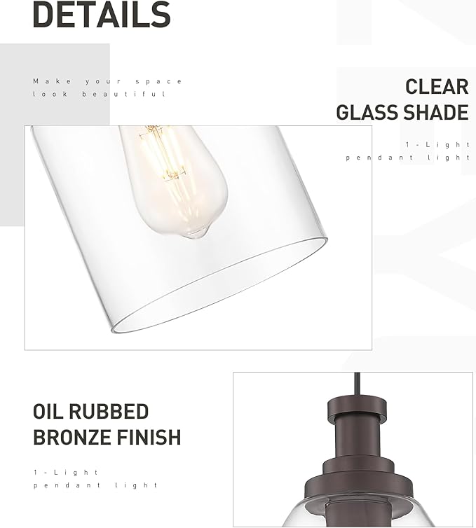 zeyu 1-Light Pendant Light Fixtures for Kitchen Bedroom, Farmhouse Hanging Pendant Light, Clear Glass Shade, Oil Rubbed Bronze Finish, ZG33M1L-L ORB