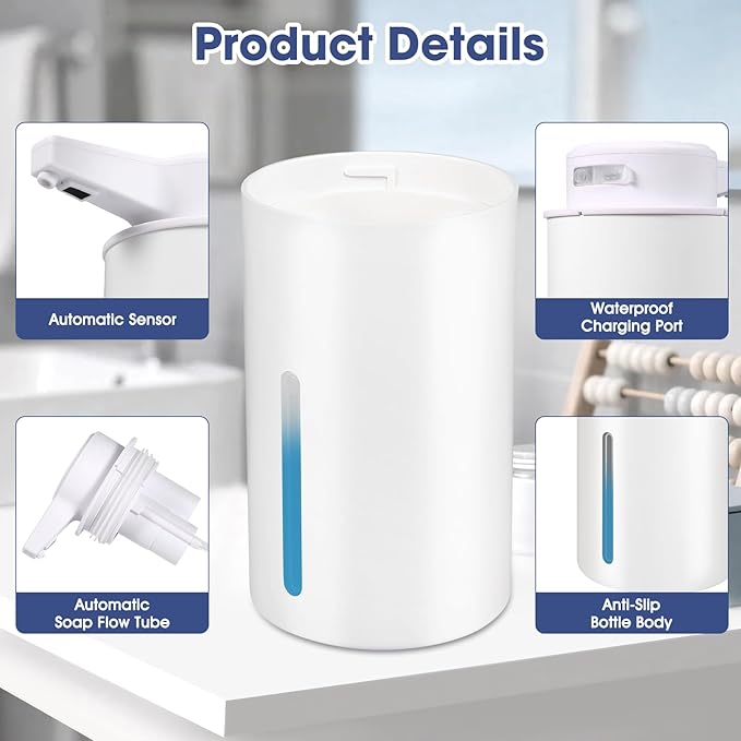 2 Pack Automatic Foaming Soap Dispenser, 13.5oz Touchless Electric Hand Soap Dispenser, Rechargeable Foam Pump for Bathroom Countertop, Kids & Family Use (White)