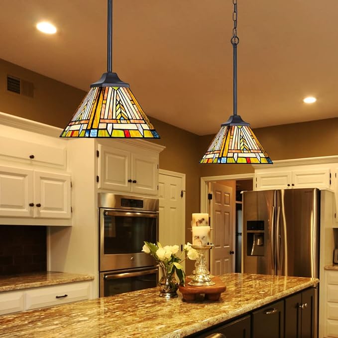 Tiffany Pendant Light Fixtures Hanging Lamp 1 Light Mission Style Vintage Farmhouse Mini Stained Glass Pendant Lighting for Kitchen Island Dining Room Hallway