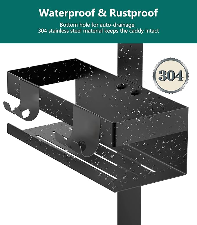 Emibele Over The Door Shower Caddy 2 Tier, 304 Stainless Steel Hanging Shower Caddy Rustproof Shower Shelves, No Drilling Hanging Shower Organizer for Bathroom Glass Door, Black
