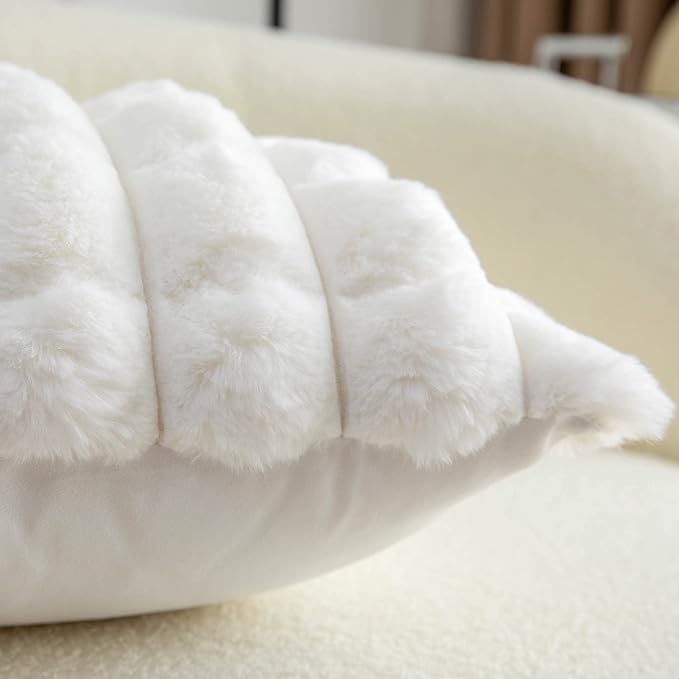 Neelvin Cream White Faux Fur Cozy Soft Plaid Decorative Throw Pillow Covers 24x24 inch Set of 2,Velvet Pillowcase Cushion Case for Sofa Couch