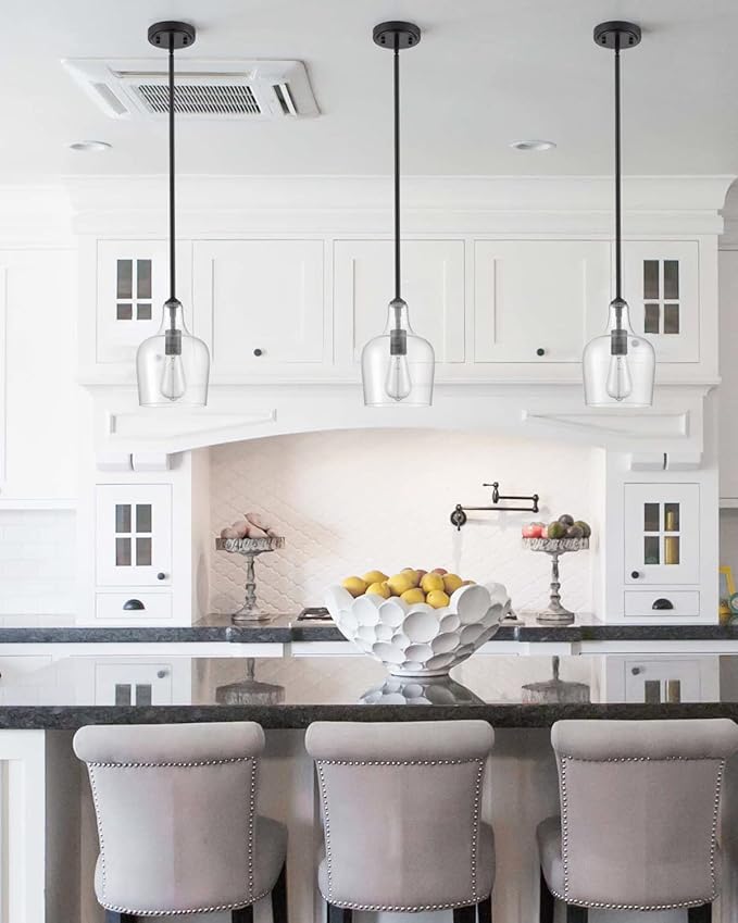 Modern Farmhouse Pendant Lighting for Kitchen Island Glass Black Pendant Light Fixtures Rod-Hung