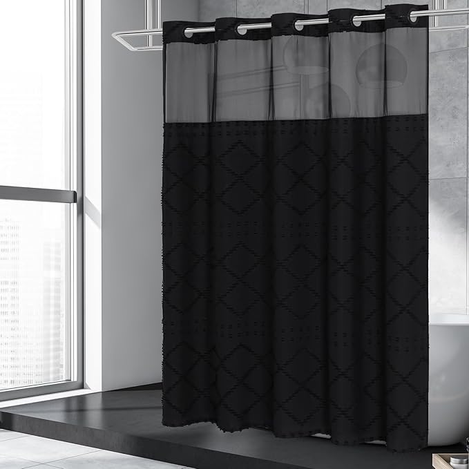 Boho Black Woven Fabric Shower Curtain 36 x 74 Modern Farmhouse, No Hooks Tufted Chevron Striped Shabby Chic Textured, Minimalist Cloth Curtain for Bathroom, Hotel Decor