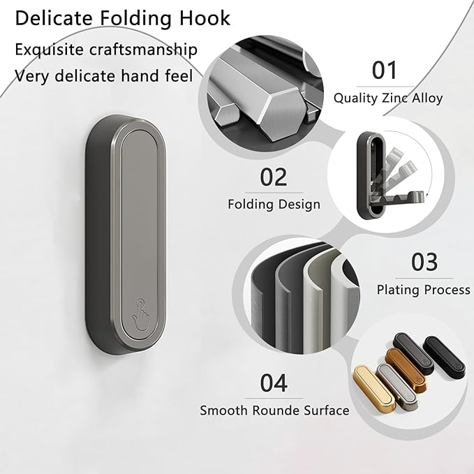 4PCS Folding Coat Hook, Heavy Duty Wall Hooks Made of Zinc Alloy, Foldable Wall Hooks for Hanging Coats, Scarves, Hats, Bathrobes, Keys, Bags (Gray)