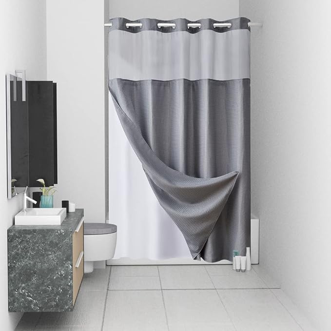 Furlinic Stall Size No Hook Shower Curtain with Snap in Liner,Waffle Weave Heavy Duty Fabric Bathroom Curtains with See Through Top Window,Waterproof & Machine Washable,Grey,54x80 Inch