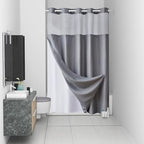 Furlinic Stall Size No Hook Shower Curtain with Snap in Liner,Waffle Weave Heavy Duty Fabric Bathroom Curtains with See Through Top Window,Waterproof & Machine Washable,Grey,54x80 Inch