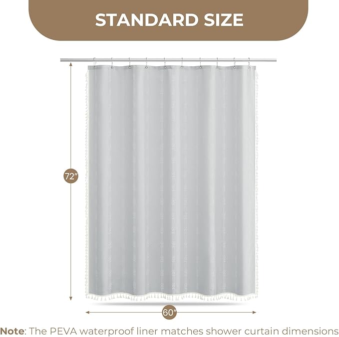 downluxe Linen Texture 3 in 1 Farmhouse Shower Curtain Set with Tassel, Boho Fabric Shower Curtains for Bathroom, Grey, 60W x 72L