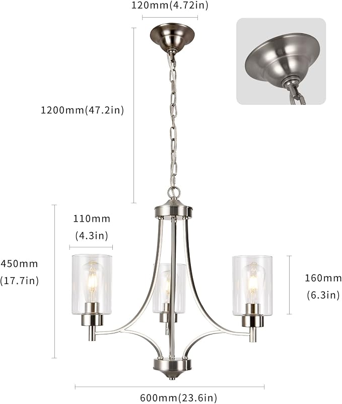 BOZO 3 Light Modern Chandelier Brushed Nickel Pendant Lighting Clear Glass Shades Contemporary Ceiling Light Fixtures for Dining Room Kitchen Living Room