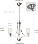 BOZO 3 Light Modern Chandelier Brushed Nickel Pendant Lighting Clear Glass Shades Contemporary Ceiling Light Fixtures for Dining Room Kitchen Living Room