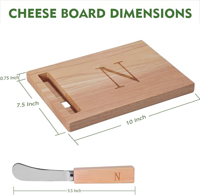 Miicol Wood Charcuterie Board, Monogram Cheese Board 10 Inch, Personalized Initial Cutting Board with Spreader, Unique Housewarming Gift, Ideal for Kitchen, Home, Letter N