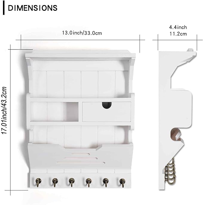 Wall Mount Mail Organizer with Storage Drawer and 6 Hooks, Easy Installation Key Rack for Entryway and Home Decor, Luxury White