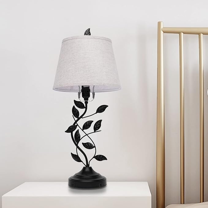 Eapmic Table Lamp with USB Ports,Bedside End Table Lamp Traditional Nightstand Desk Lamp Large Retro Leaf Lamp for Living Bedroom Office (Retro)