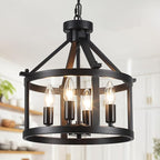 Cage Farmhouse Chandelier,Modern Pendant Light Fixture, Adjustable Height Industrial Black Chandeliers Pendant Light for Dining Room,Kitchen Island,Entryway-4 Light