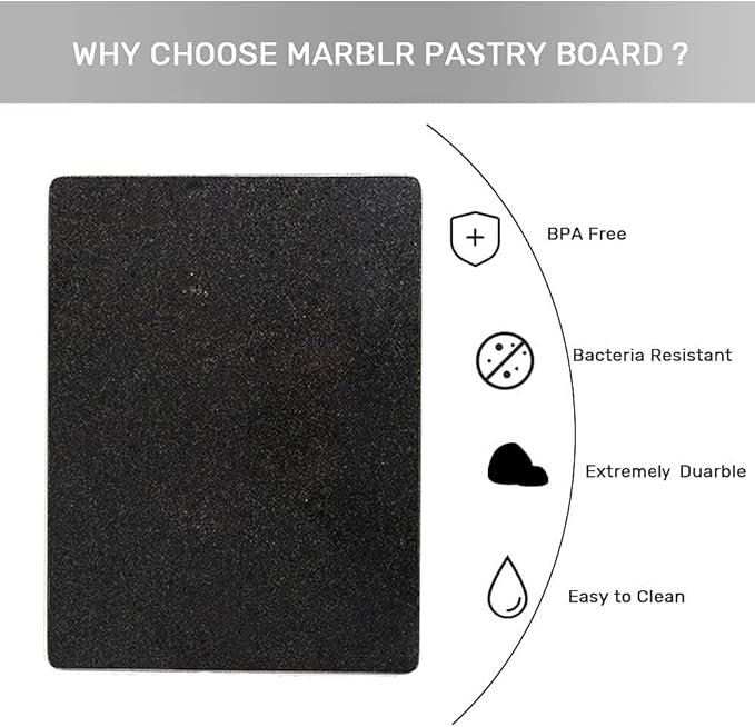 Natural Black Granite Cutting Board for Kitchen, Black Stone Pastry Borad 16x12x0.5 Inch, with Non-Slip Feet, for Serving, Baking, and Tempering Chocolate.