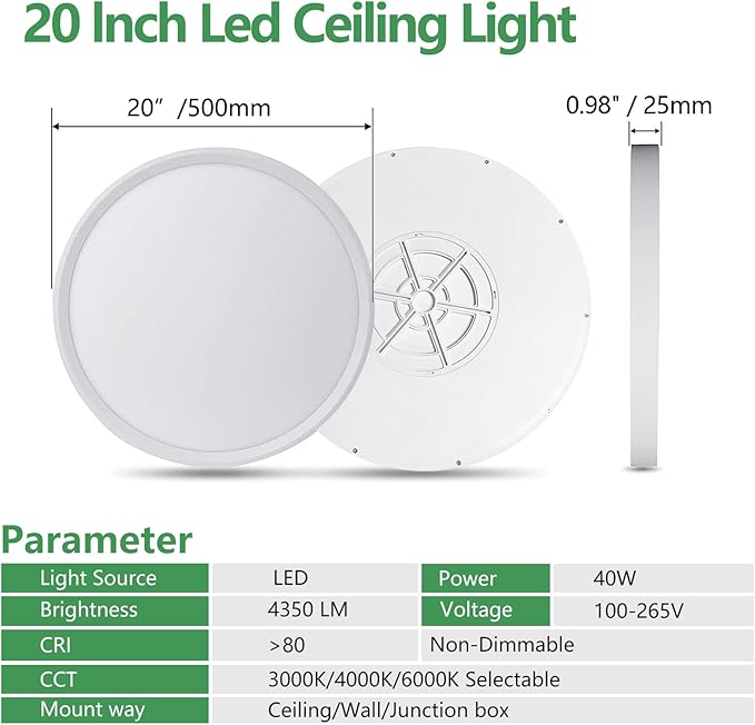 20 Inch LED Flush Mount Ceiling Light, 40W, 4350LM, Selectable 3000K/4000K/6000K CCT, White Round Flat Panel Light Fits Hallway, Kitchen, Bedroom, Laundry Room