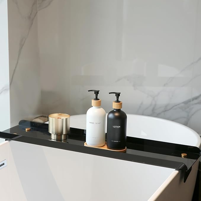 Black and White Soap Dispenser Bathroom Set with Hand Soap Dispenser and Lotion Dispenser, Bamboo Pumps & Tray Suitable for Bathroom Counter Decor. (White&Black)