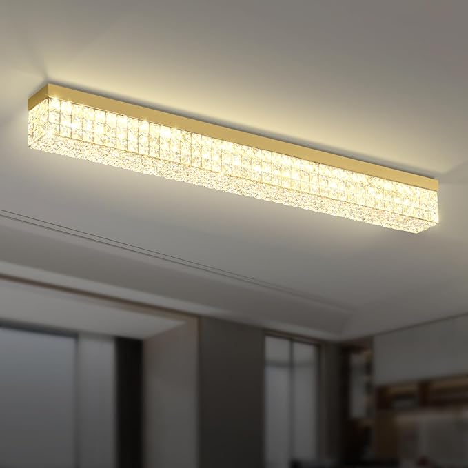 L48 Rectangular Chandelier Flush Mount Rectangle Chandelier Modern K9 Crystal Chandeliers Light Fixture for Dining Room Bedroom Bar Gold Crystal Ceiling Lights