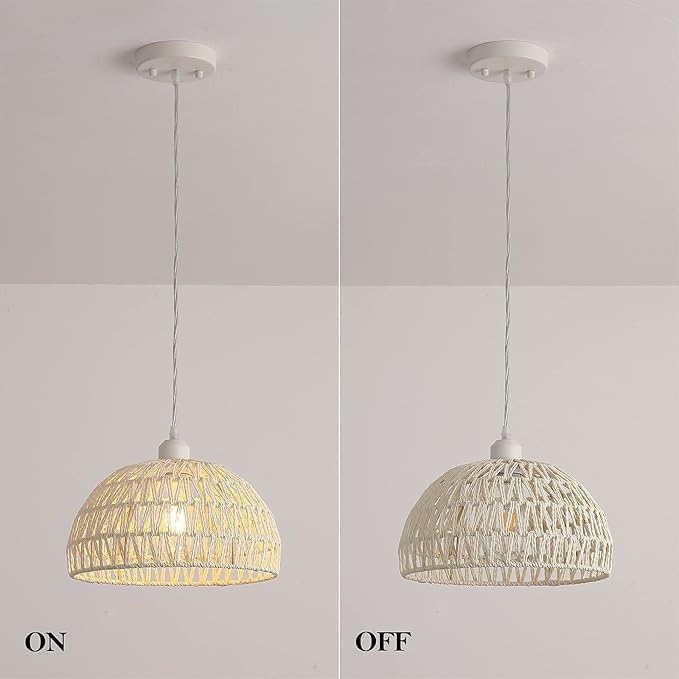 Hand-Woven Rattan Wicker Boho Pendant Light,Minimalist Transitional LED Pendant Hanging Light Fixture for Kitchen Island Dining Room Restaurant Craft Room,Bulb Included W11.81 UL Listed