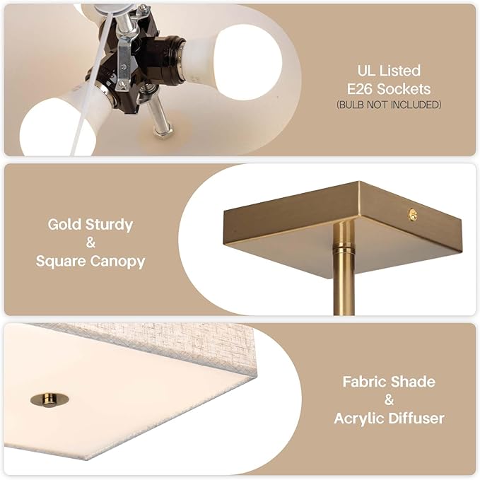 Modern Square Fabric Flush Mount Ceiling Light Fixture, Gold Brass Semi Flush Ceiling Lamp with Linen Shade, Rustic Lighting for Bedroom, Living Room, Dining Room, Hallway
