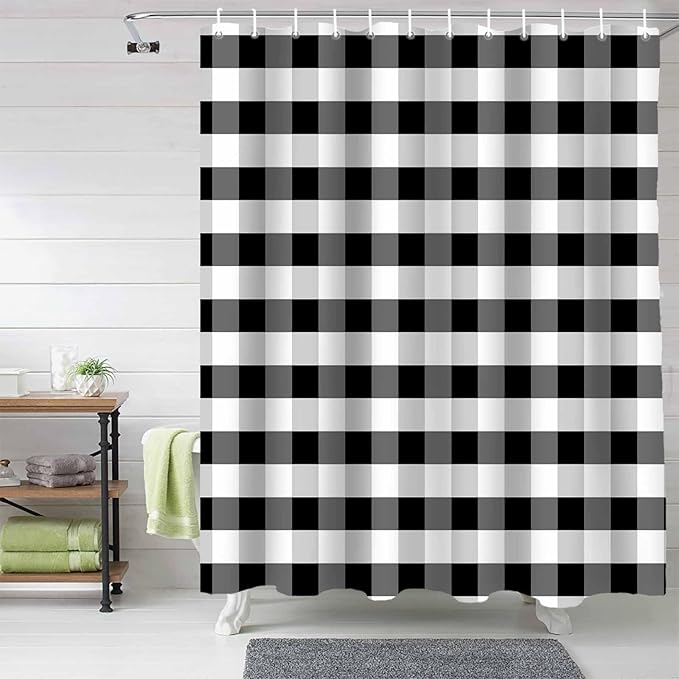 Vandarllin Rustic Black White Buffalo Check Plaid Pattern Shower Curtain, Farmhouse Shower Curtains Set with Hooks, Waterproof Fabric Bathroom Curtains Decor Home Accessories,66 X 72 Inch Long