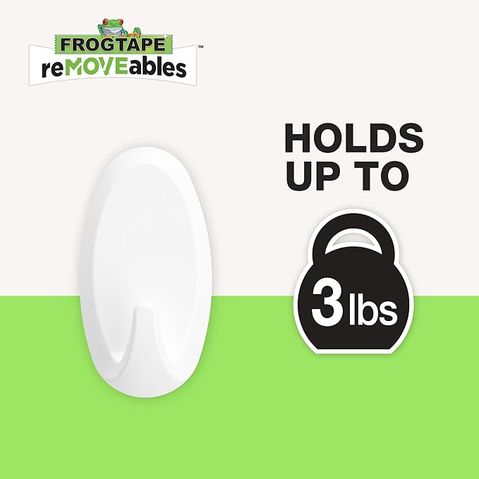FrogTape reMOVEables Heavy Duty Wall Hooks - No Damage - Easy to Remove & Reuse - Medium Wall Hook with Adhesive Strips - Holds up to 3 lbs - Includes 8 Hooks and 12 Strips - White (Pack of 8)