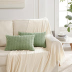 Fancy Homi Sage Green Lumbar Decorative Throw Pillow Covers 14x24 Inch for Living Room Couch Bed Sofa, Rustic Farmhouse Boho Home Decor, Soft Striped Corduroy Rectangle Cushion Case 35x60 cm