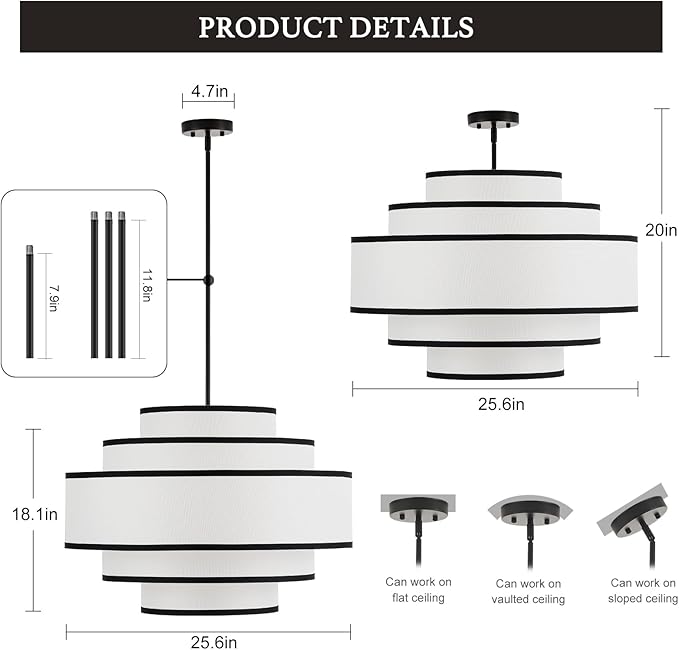 25.6" Black Drum Chandelier with White Linen Lampshade 6-Light Modern Farmhouse Chandelier Light Fixture for Living Room, Dining Room, Kitchen Island, Entryway, Stairway